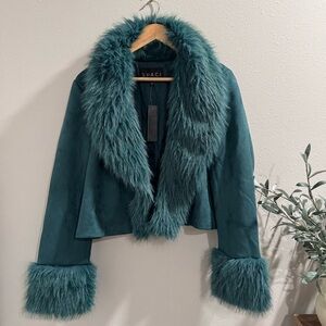 Shaci NWT Teal Size Medium Riley Vegan Suede Jacket Faux Fur Glam Y2K Statement